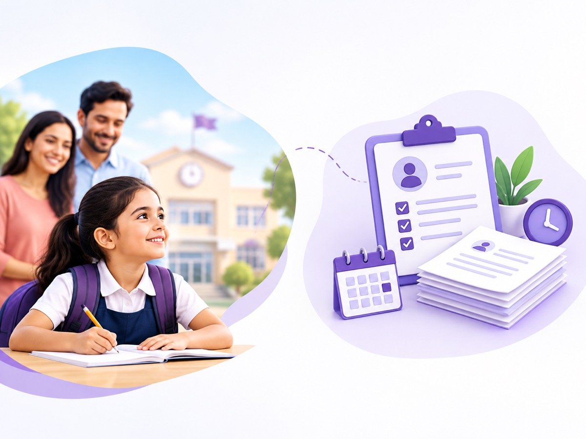 Illustration of parents with their daughter at school beside an admission checklist, calendar and documents