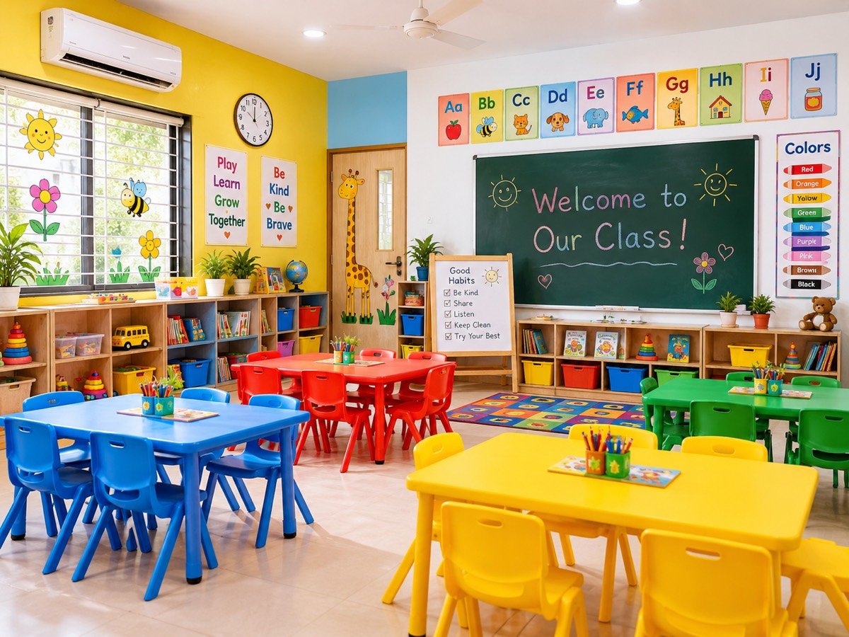 A bright, well-organised preschool classroom with child-sized tables and learning charts