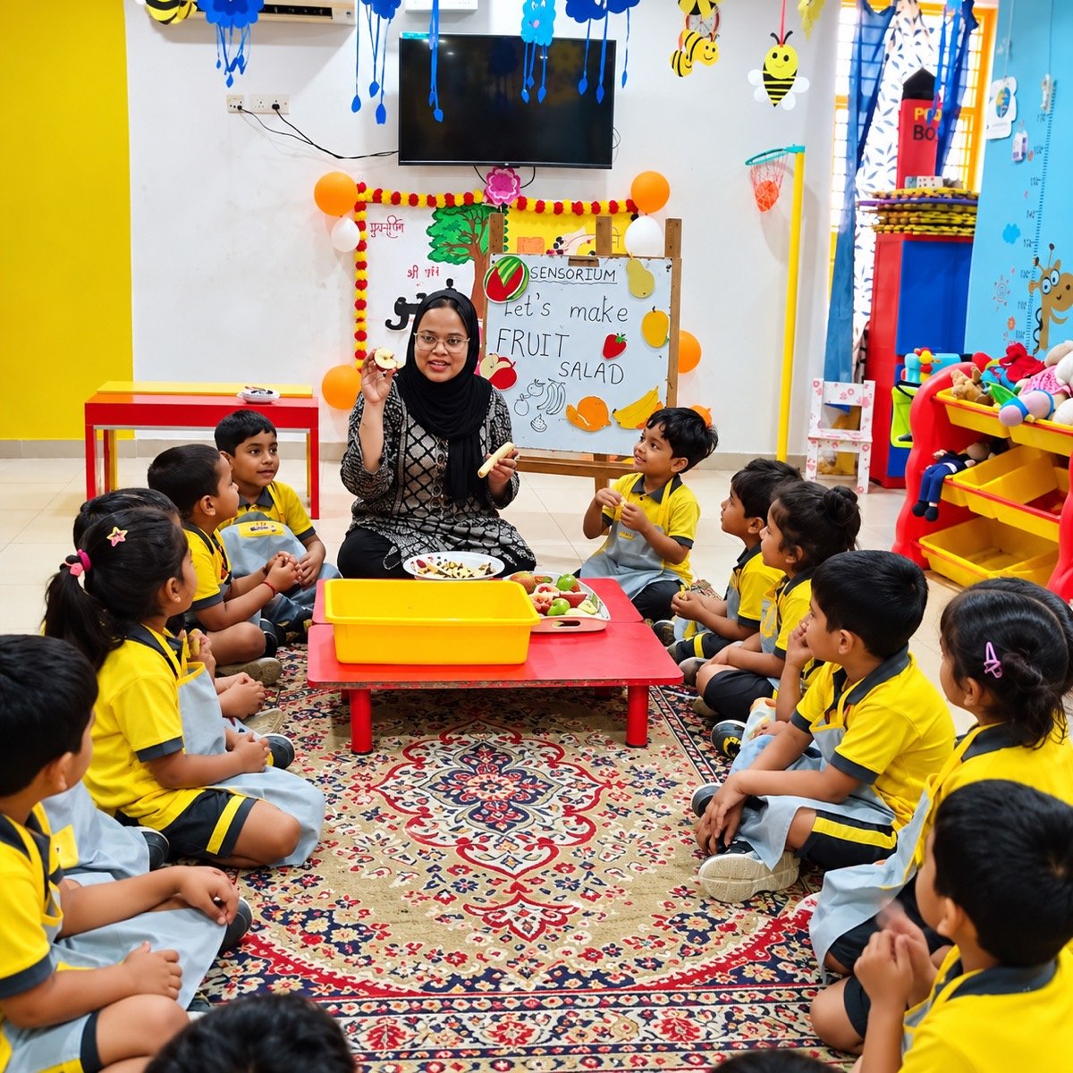 A Kidzee Ramnagar teacher leading a fruit salad sensorium activity with children seated in a circle