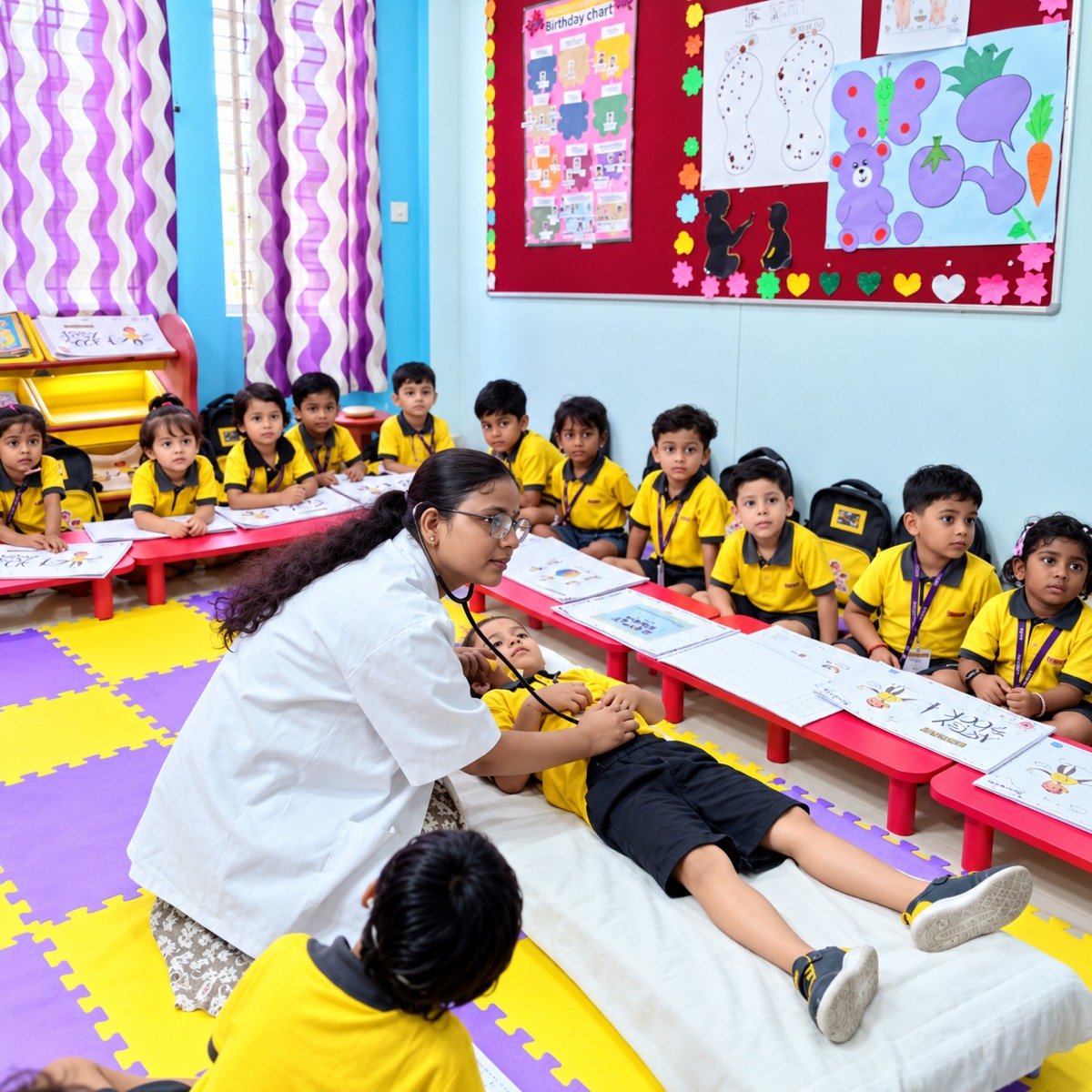 A doctor showing Kidzee Ramnagar children a health check-up during a health awareness activity