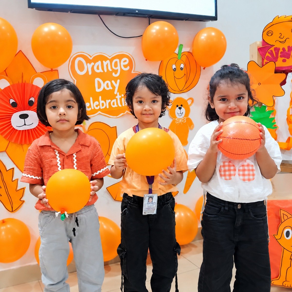 Kidzee Ramnagar children holding orange balloons at the Orange Day celebration
