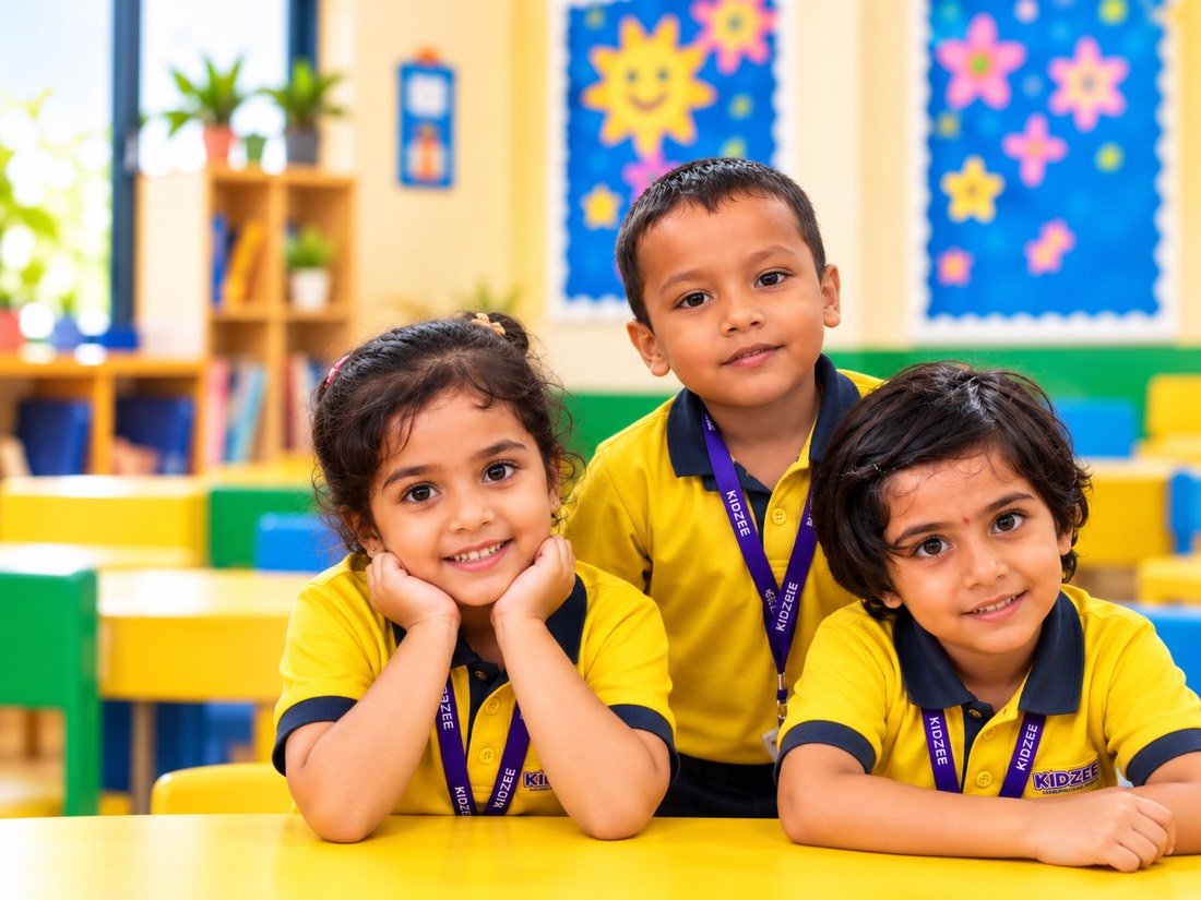 Three smiling Kidzee Ramnagar nursery children at a yellow classroom table