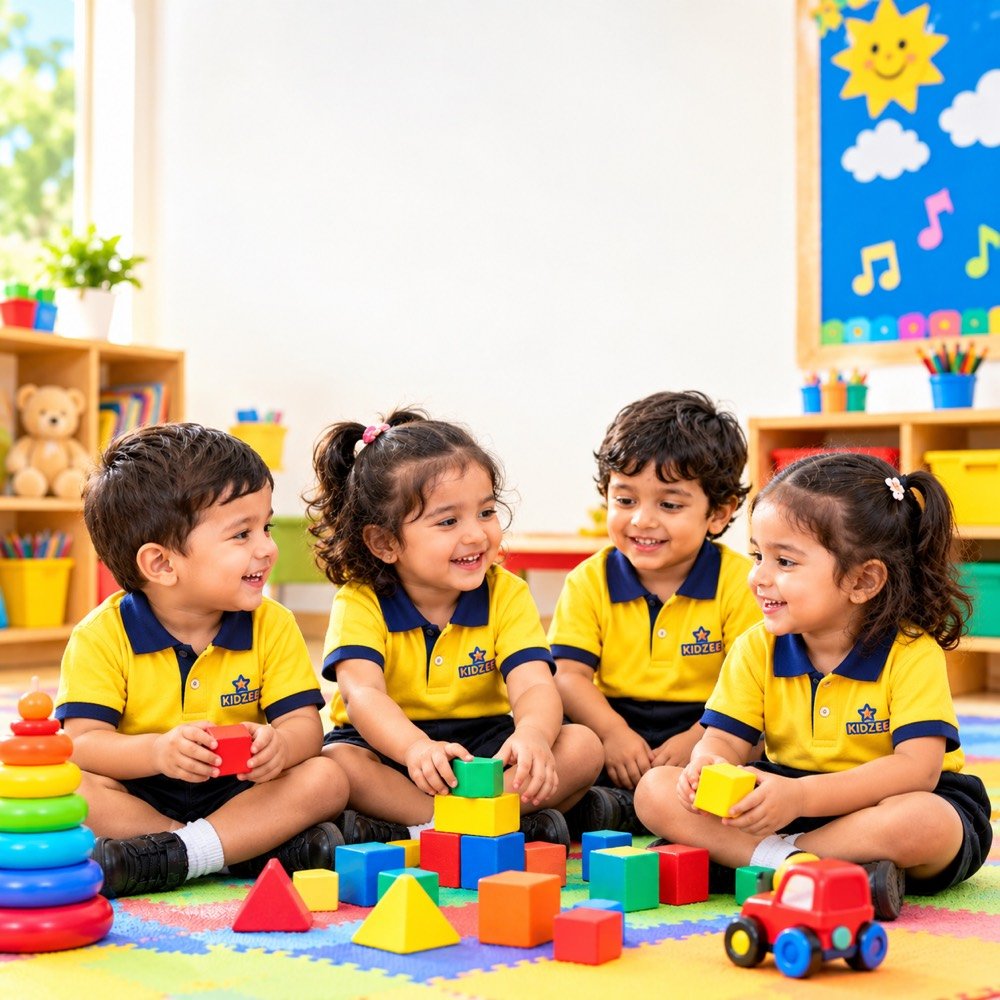 Smiling Kidzee Ramnagar playgroup children playing with colourful blocks on a play mat